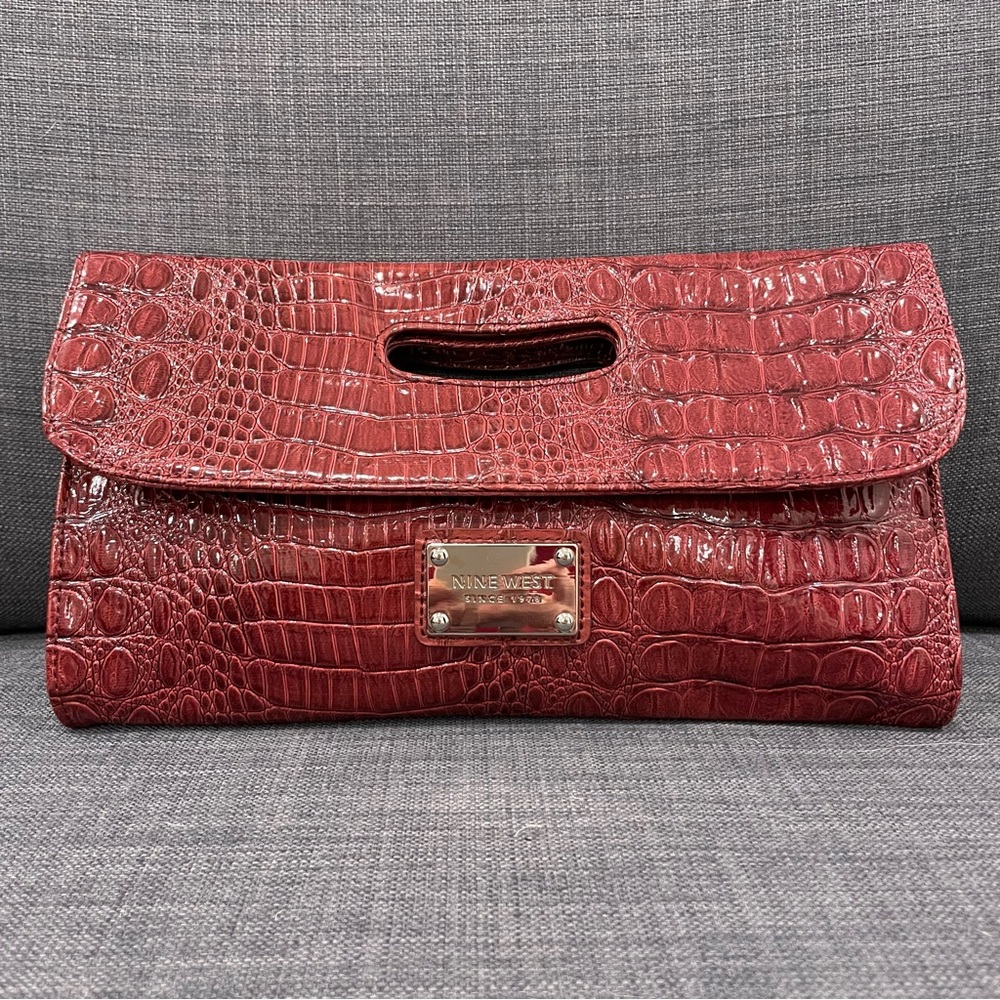 NINE WEST Since 1978 Burgundy Crocodile-Embossed Faux Patent Leather Clutch